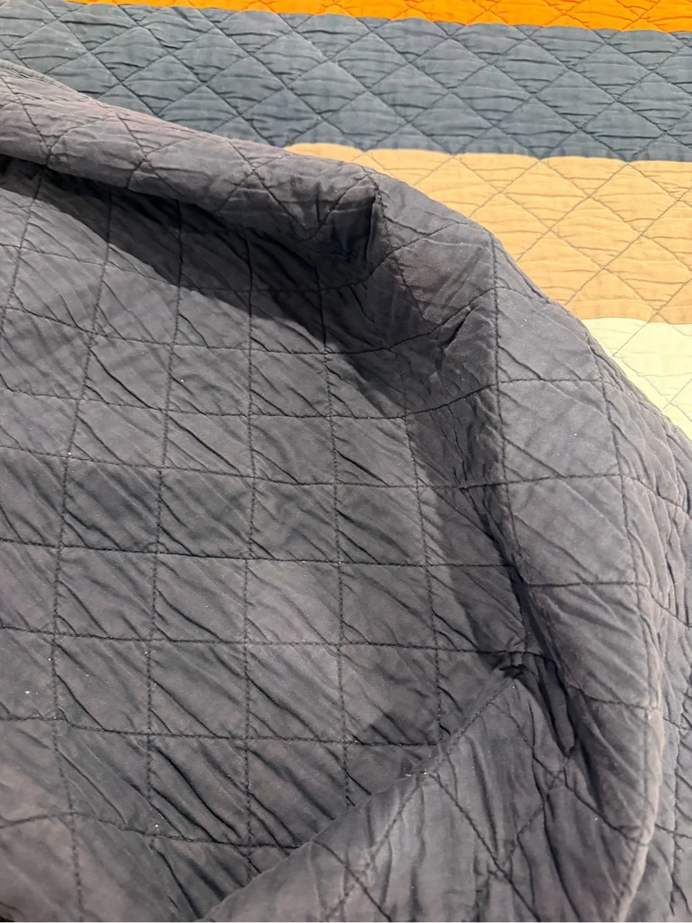 Pottery Barn Kids Striped Quilted Bedspread in Orange, Navy, and Grey